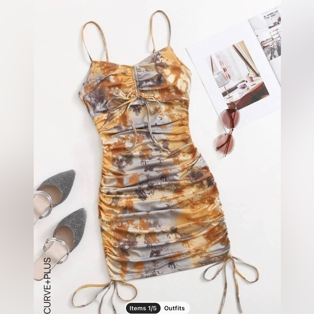 SHEIN plus size ruched drawstring tie dye peekaboo bodycon dress